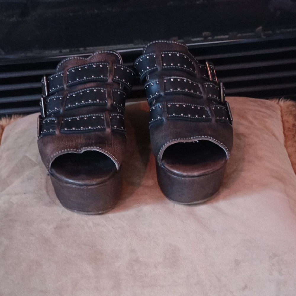 freebird Black/Brown Studded Leather Platform Slide Sandals